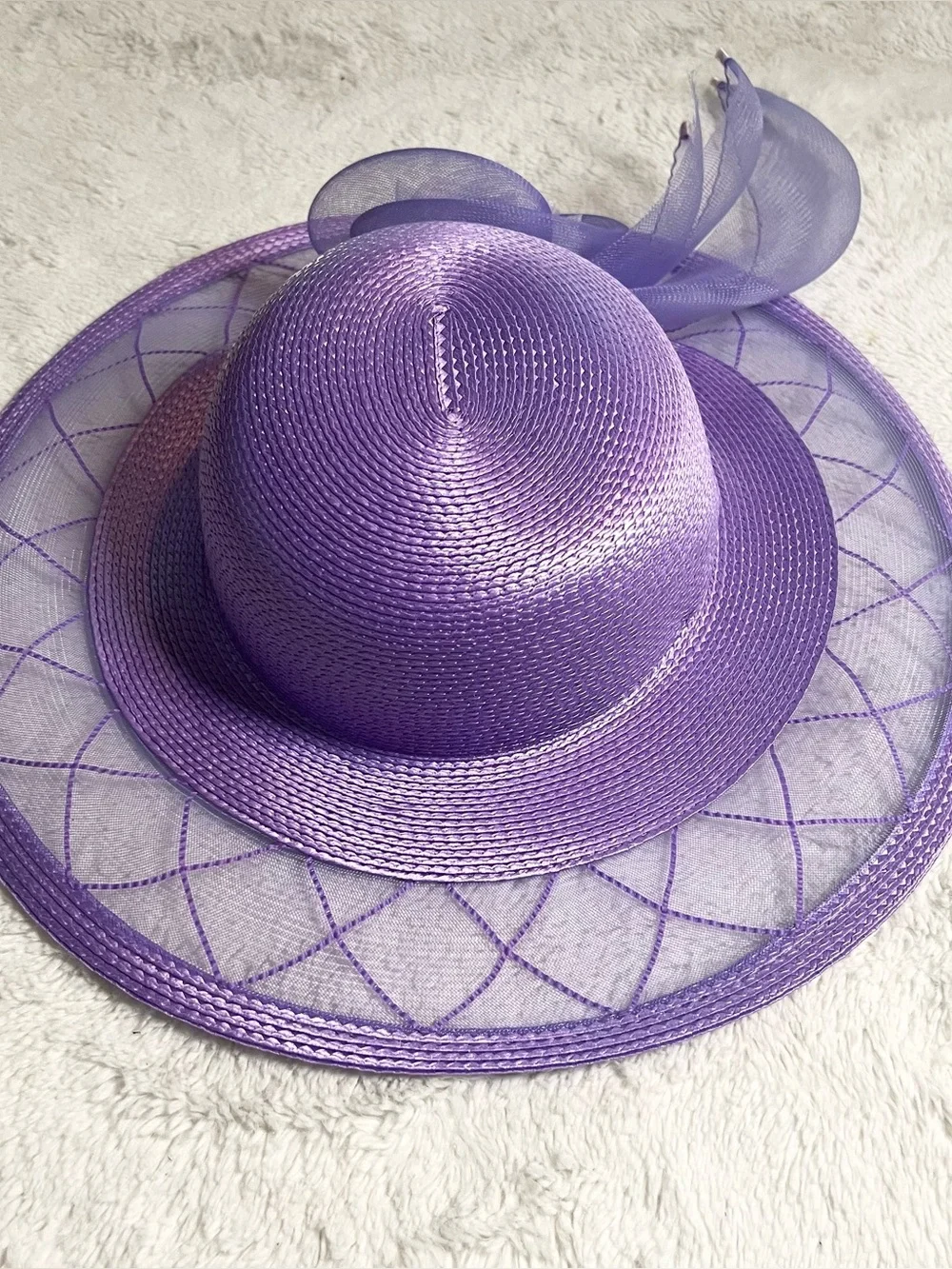 Vintage Lord & Taylor Lavender Purple Wide Brim Floral Fascinator Derby Hat